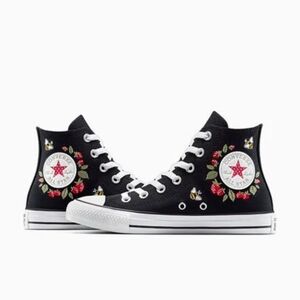 Converse Black High-Top Sneakers with Floral Embroidery